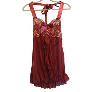 Burgundy Lace Babydoll Lingerie‎ Satin Bow Halter Neck Ruffle Trim Sexy Medium